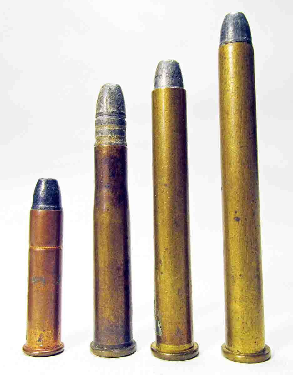 A lineup of cartridges introduced during the .25-caliber craze. These cartridges were intended for single-shot rifles. Shown from left to right; .25 Rimfire, .25-20 Single Shot, .25-21 Stevens and .25-25 Stevens.